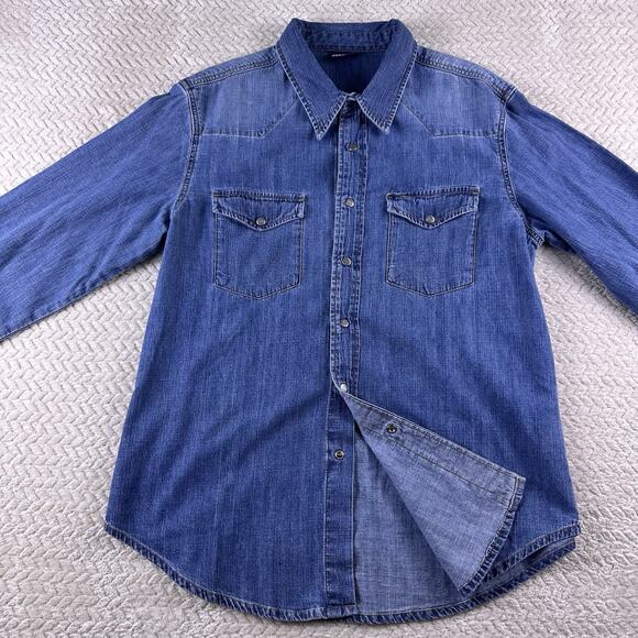 Mavi Unisex Denim Snap Shirt “John” Blue Long Sleeve Size Large- Long‎ Sleeve - Picture 2 of 14